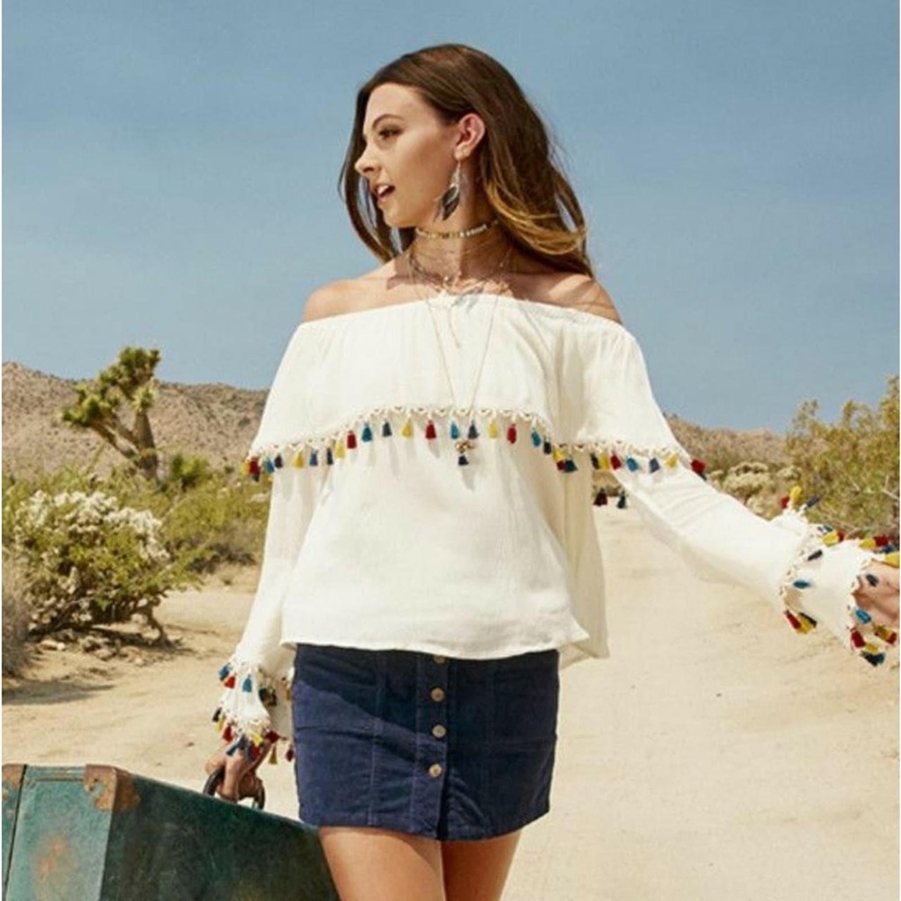 ALTAR’D STATE off the shoulder tassel long bell sleeve Boho blouse
